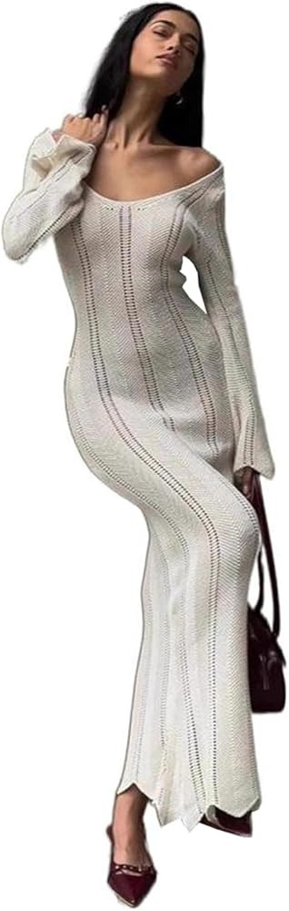 Womens Crochet Maxi Dress Bell Long Sleeve Sexy V Neck Bodycon Backless Knit Dresses Beach Swim C... | Amazon (US)