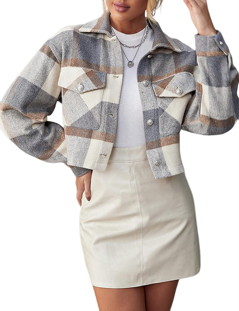 UANEO Womens Cropped Plaid Shacket Button Down Short Flannel Shirt Jacket with Pockets | Amazon (US)