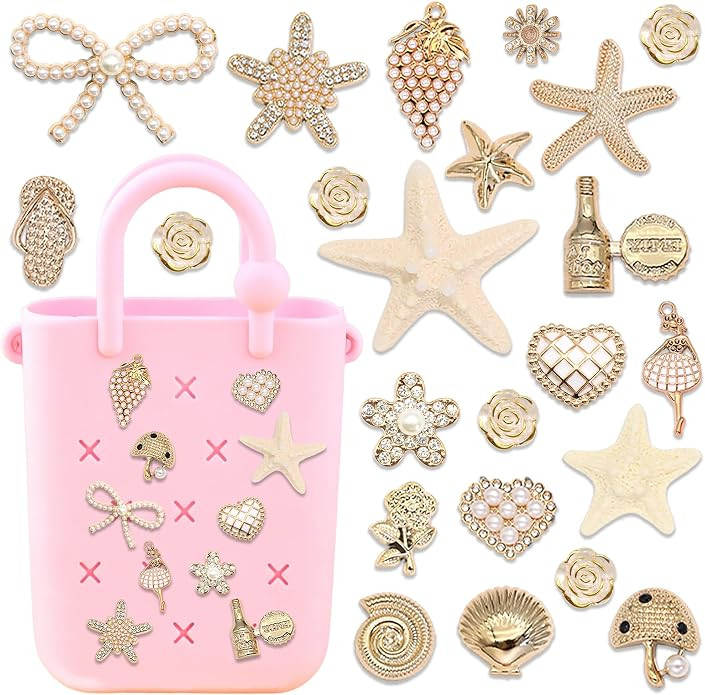 23PCS Beach Charms for Rubber Bag Gold Starfish Hole Bag Charms Elegant Bow Heart Flower Holiday ... | Amazon (US)