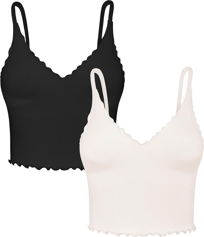 Sunzel Tank Top for Women, V Neck Seamless Ribbed Crop Camisole with Ruffles | Amazon (US)