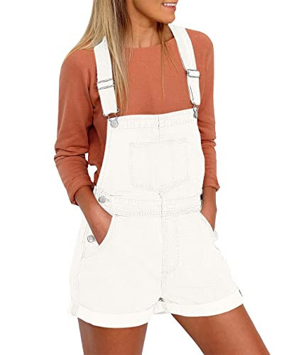 Vetinee Women's Brilliant White Classic Adjustable Straps Cuffed Hem Denim Bib Overall Shorts Small Size 4 Size 6 | Amazon (US)