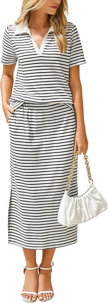 Glamaker Womens Skirt Sets 2 Piece Outfits 2025 Summer Casual Striped Short Sleeve Skirt And Top ... | Amazon (US)