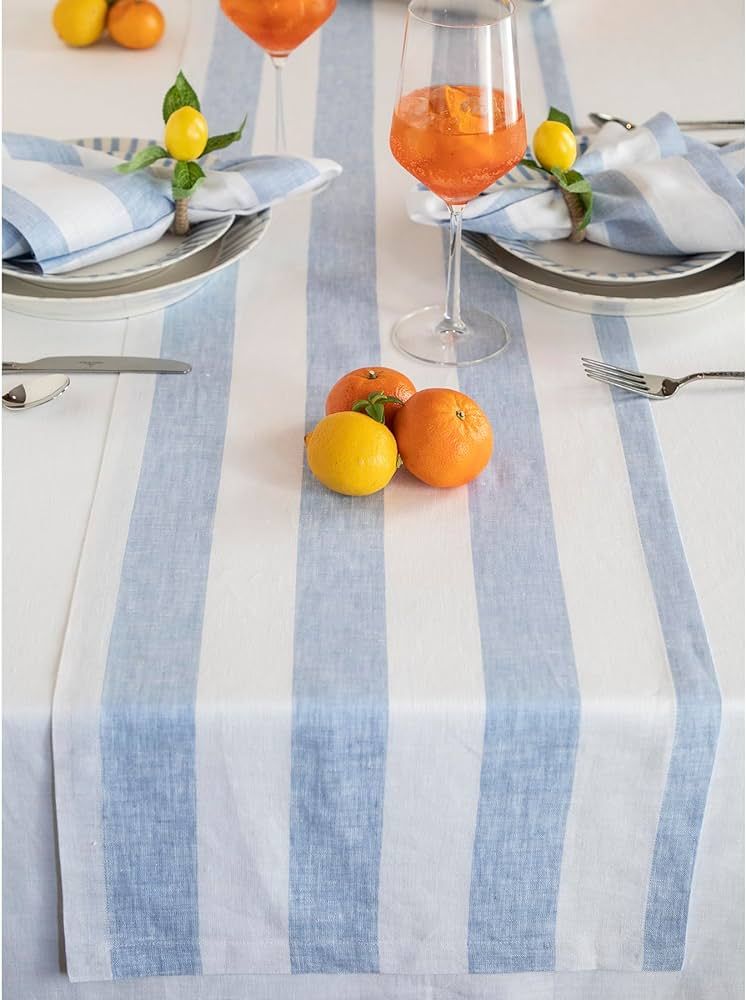 Solino Home Linen Stripe Table Runner 48 inch – 100% Pure Linen Summer Sky Blue and White Table... | Amazon (US)