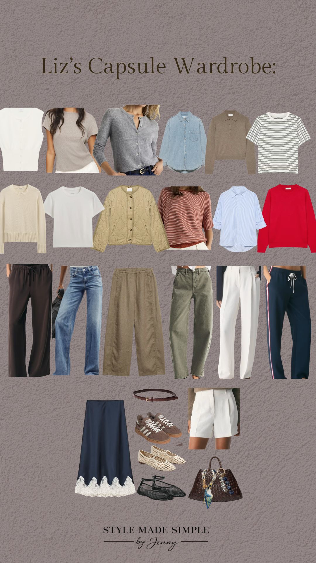 A wardrobe that works for NYC meetings, playground runs, weekend baseball games, and everything in between. 🙌

For Liz’s custom capsule, I focused on elevated basics, quality tees, versatile pants, great denim, polished layers, and a few fun pops of color that can be mixed and matched across all 4 seasons. The goal was to create a wardrobe that feels polished, versatile, and easy—without needing separate wardrobes for work, motherhood, and everyday life.

20 thoughtfully selected pieces. Endless outfit combinations. Less decision fatigue.



If you're tired of standing in front of a full closet feeling like you have nothing to wear, I can help. Book your own custom capsule wardrobe at stylemadesimplebyjenny.com 


capsule wardrobe / year round capsule wardrobe / working mom wardrobe / business casual outfits / elevated basics / wardrobe essentials / timeless fashion / classic style / quality basics / smart casual outfits / effortless style / commuter style / NYC workwear / mom outfits / versatile outfits / capsule closet / minimalist wardrobe / outfit formulas / wardrobe staples / denim outfits / workwear capsule wardrobe / quiet luxury style / spring capsule wardrobe / summer capsule wardrobe / fall capsule wardrobe / winter capsule wardrobe / mix and match wardrobe / everyday style / women over 30 fashion / classic mom style

#ltkstyle #ltkfashion #ltkfinds #capsulewardrobe #workwearstyle #momstyle #elevatedbasics #timelessfashion #classicstyle #wardrobeessentials #quietluxury #businesscasual #denimstyle #outfitideas #capsulecloset #workingmom #effortlessstyle #smartcasual #everydayoutfits #ltkworkwear 

 #LTKgrwm #LTKootd #LTKmomlife