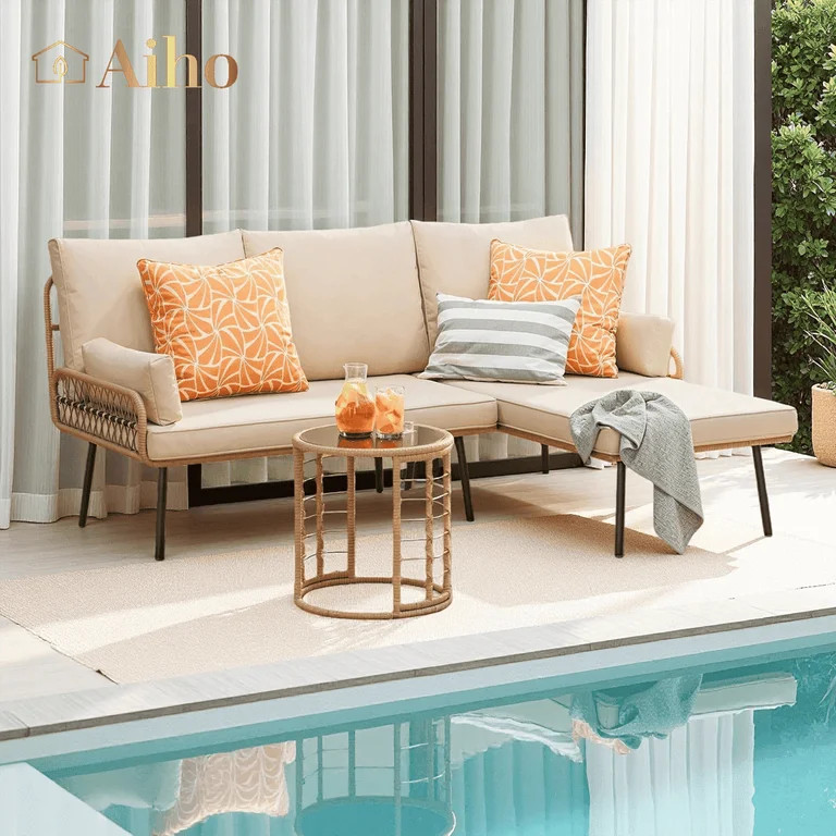 Aiho 3 Pieces Outdoor Patio Furniture Set, All weather PE Wicker L-shaped Outdoor Sectional Sofa ... | Walmart (US)