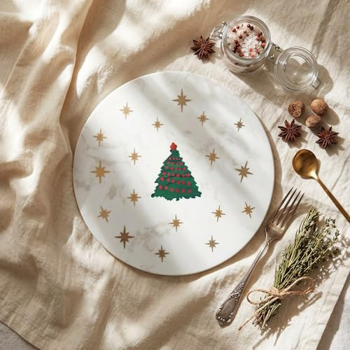 Reallnaive Sparkly Christmas Tree Marble Cheese Board, 9.8 x 9.8 Inch White Marble Charcuterie Board Decorative Serving Tray for Cheese, Appetizers, Kitchen and Holiday | Amazon (US)