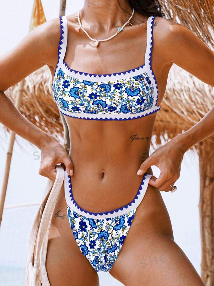 Bikinx Floral Print Bikini Set Chevron Tape Cami Top & Thong Bottom 2 Piece Swimsuit | SHEIN