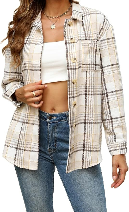 Zeagoo Women Flannel Shacket Jacket Plaid Button Down Long Sleeve Shirt Fall Outfits 2024 | Amazon (US)