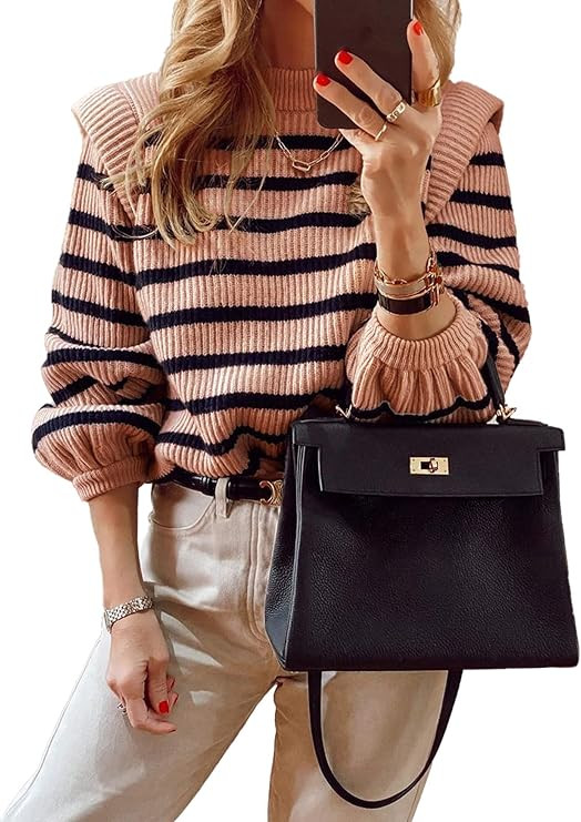 PRETTYGARDEN Women's Sweaters Casual Long Lantern Sleeve Crewneck Ribbed Knit Pullover Striped Ju... | Amazon (US)