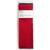 M&S 2 Pack Cotton Rich Ribbed Tights (2-14 Years) - 7-8 Y - Red Mix, Red Mix | Marks & Spencer IE