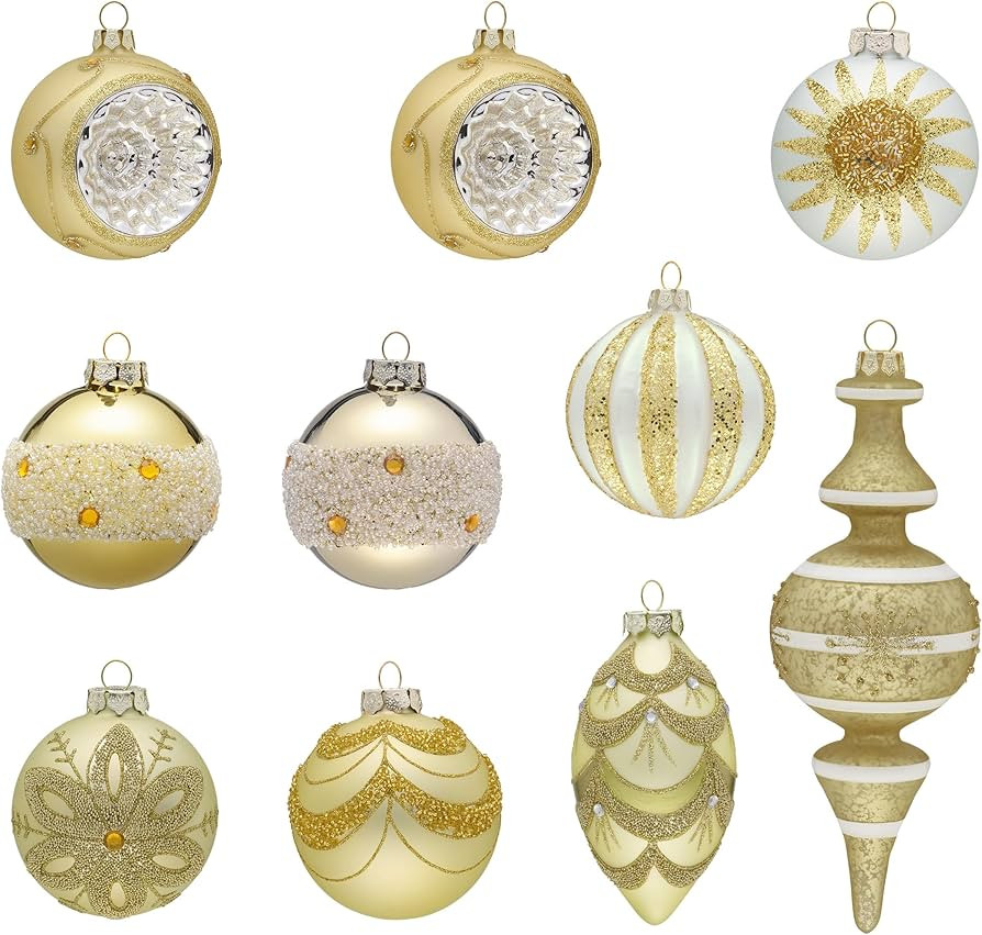 Valery Madelyn Glass Christmas Ornaments Set, 10ct White and Gold Mercury Blown Glass Christmas T... | Amazon (US)