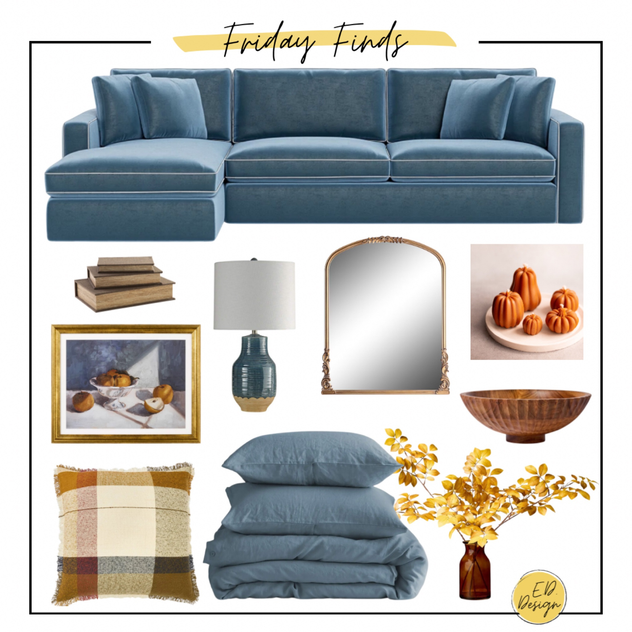 Friday finds! I’m loving this dusty blue paired with all the rich warm fall colors. This velvet sectional is amazing and the anthropology mirror dupe is perfection  

#LTKSeasonal #LTKHome