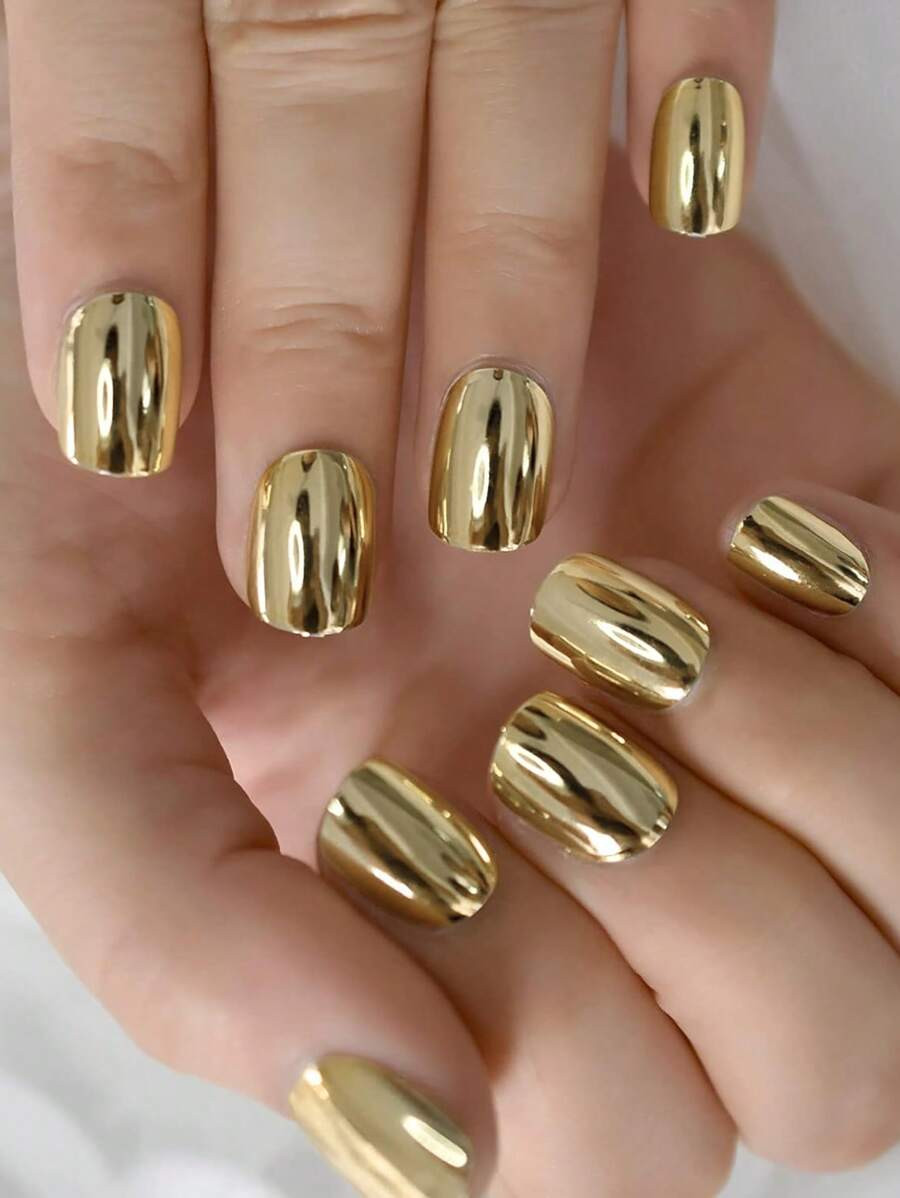 VV MEI JIA ER 24pcs Short Square Press-On Nails - Chic Metallic Mirror Shallow Gold Fake Nails | ... | SHEIN