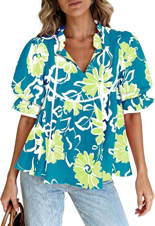 PRETTYGARDEN Womens Summer Tops 2026 Cute Puff Sleeve Ruffle V Neck Babydoll T-Shirts Boho Floral... | Amazon (US)