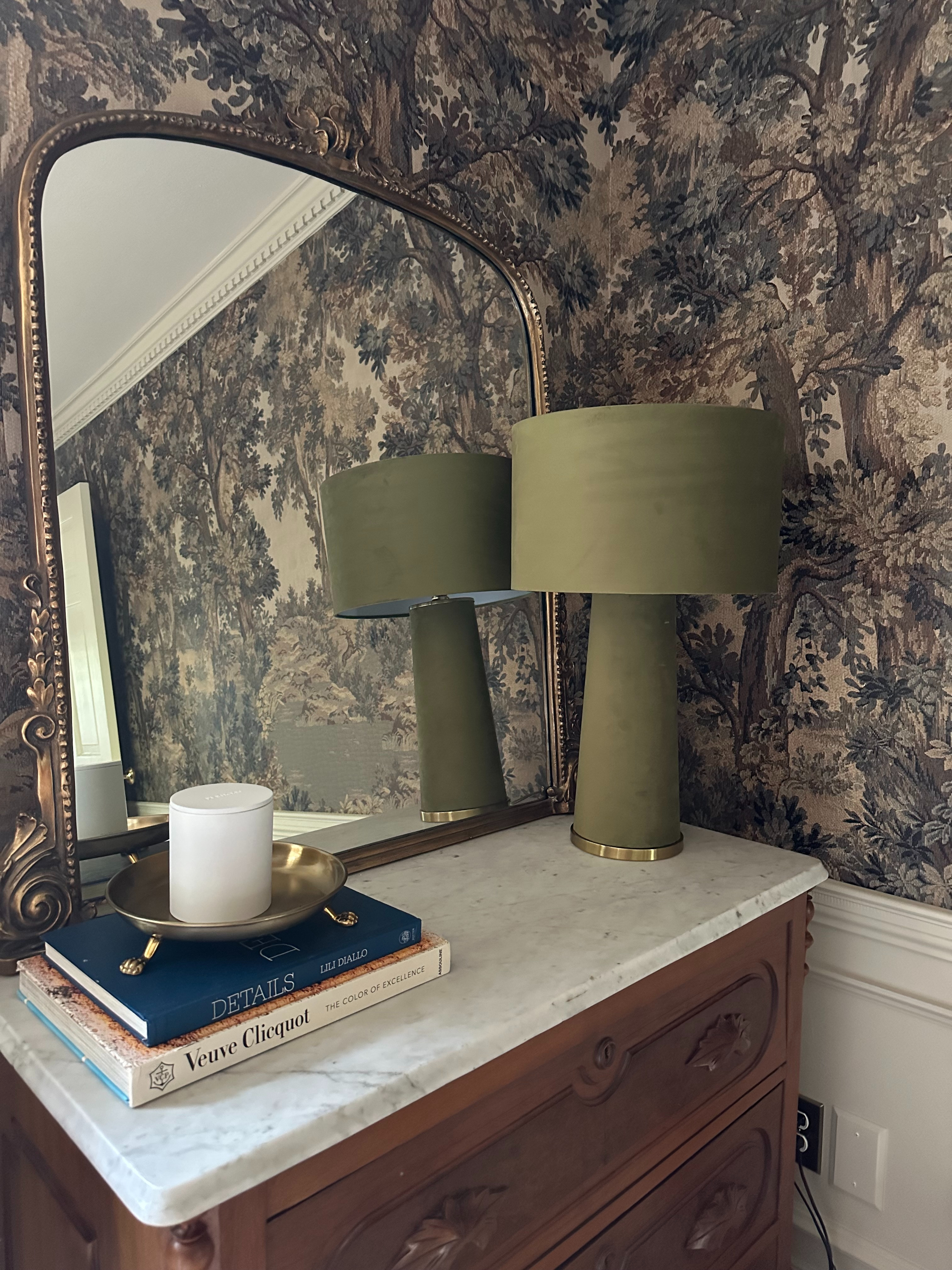 Loving this olive green velvet wrapped lamp in the home office against the tapestry wallpaper! Linked some look alikes and everything I could here for you! #homedecor #lamp #consolestyling #wallpaperideas  

 #LTKHome