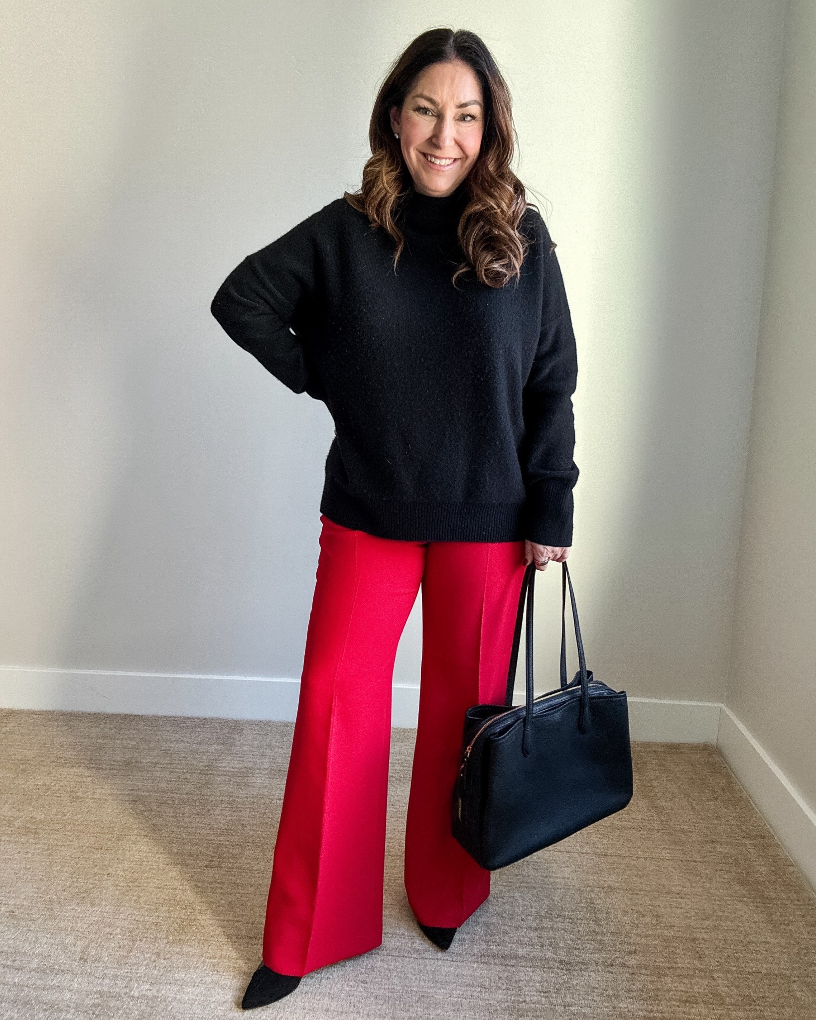Red pant outfit with luxury cashmere sweater wearing large in sweater and 12R in pants run small 

#LTKOver40 #LTKWorkwear #LTKMidsize