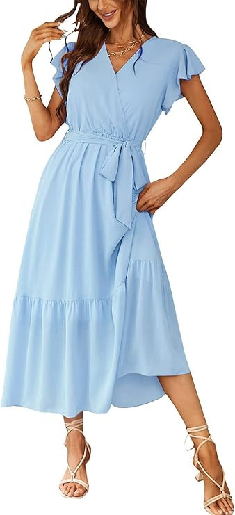 PRETTYGARDEN Women's 2023 Floral Summer Dress Wrap V Neck Short Sleeve Belted Ruffle Hem A-Line B... | Amazon (US)