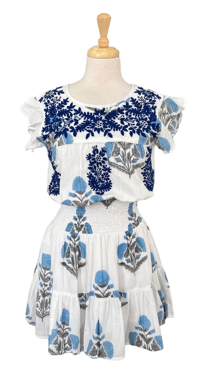 Tilly Dress Hand Embroidered Blue Milos | Madison Mathews