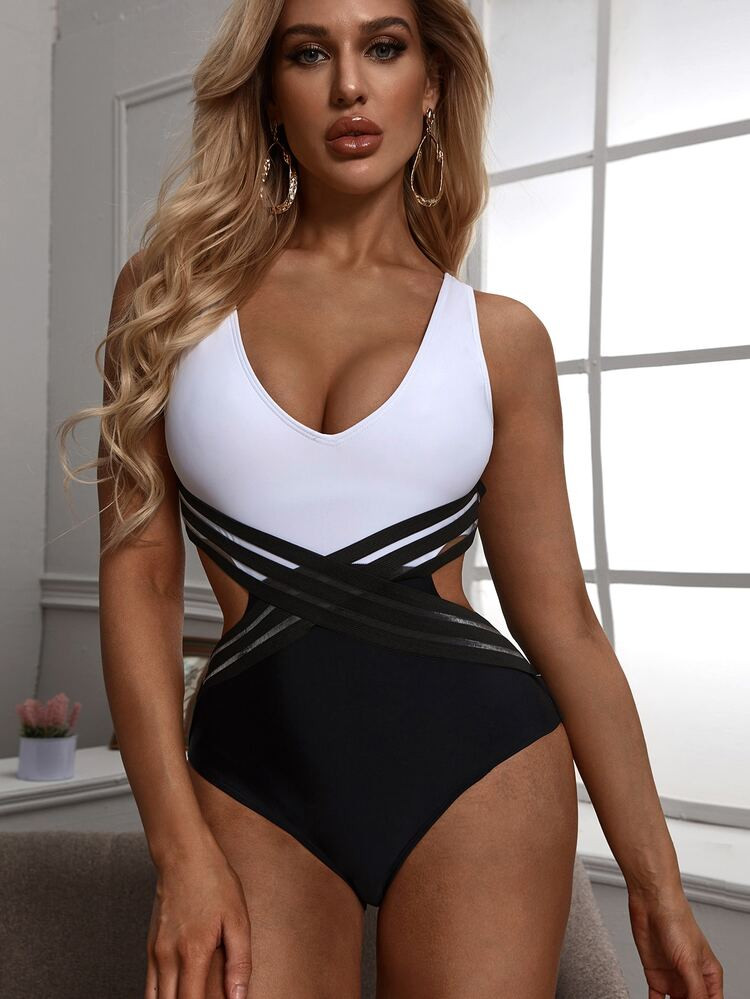 Two Tone Contrast Mesh One Piece Swimsuit | SHEIN