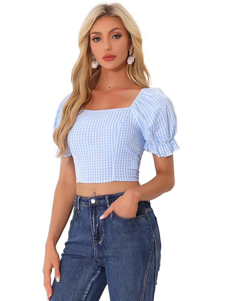 Allegra K Smocked Crop Top for Women's Bubble Sleeve Peasant Gingham Plaid Tops | Amazon (US)