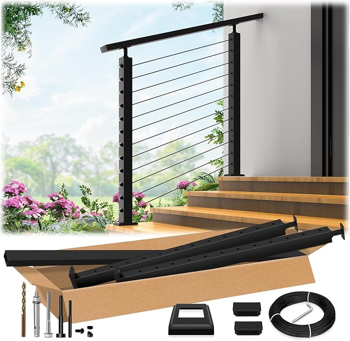 2ft-4ft Complete Set 33° Drilled Cable Railing System 42" with Handrail Cuttable, T304 Stainless... | Amazon (US)