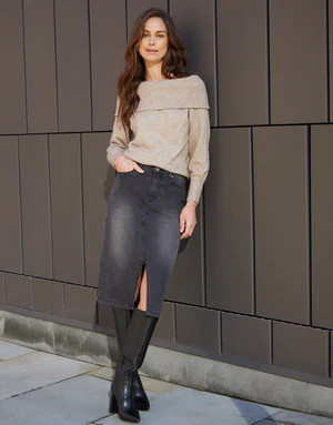 Women's Dark Blue Wash Denim Split Front Midi Skirt | Threadbare