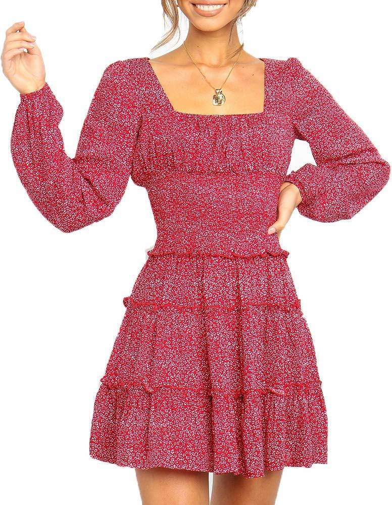 Carprinass Women Floral Printed Dress Square Neckline Long Sleeve Ruffle Boho Mini Dress | Amazon (US)