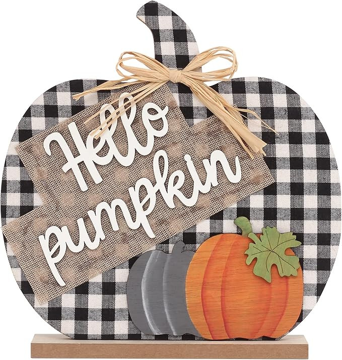 Fall Hello Pumpkin Sign Decorations, 12"/30CM Wooden Autumn Buffalo Plaid Tabletop Decor, for Hom... | Amazon (US)