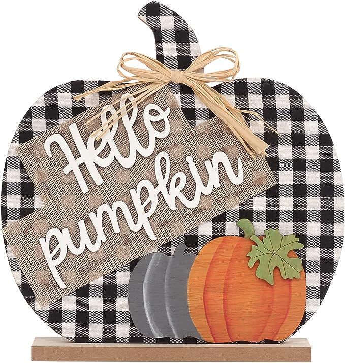 Super Holiday Fall Hello Pumpkin Sign Decorations, 12"/30CM Wooden Autumn Buffalo Plaid Tabletop ... | Amazon (US)
