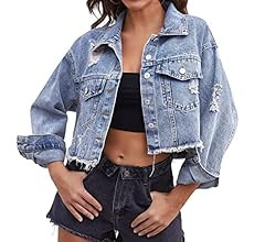 LONGYIDA Women's Jean Jacket Button Down Cropped Frayed Denim Jacket Coat | Amazon (US)