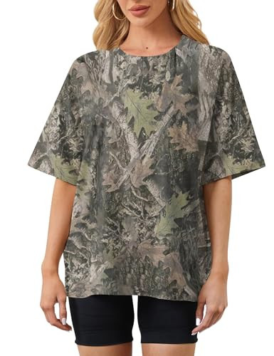 MSBESYOR Camo Shirt for Women Maple Leaf Print Short Sleeve Crewneck T-Shirts Summer Oversized Tee Shirts Streetwear | Amazon (US)