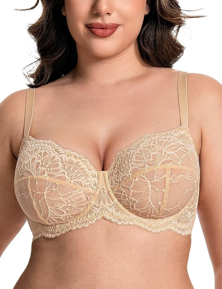 Deyllo Women's Plus Size Lace Comfort Minimizer Bra See-Through Mesh Non Padded Unlined Underwire... | Amazon (US)