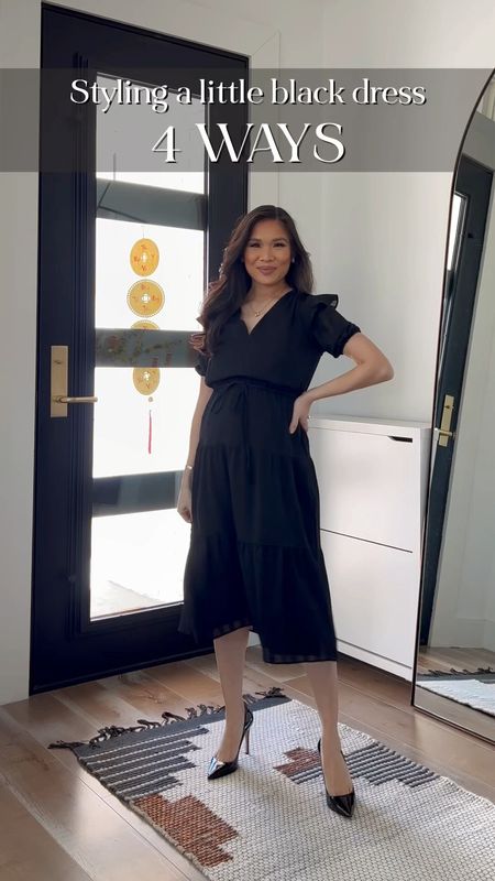 Styling a little black dress four ways! This ruffle midi dress is on sale for 30% off with code LOVE. Wearing size small to make it maternity friendly, but I typically wear XXS. Styling with a white blazer or trench coat for business casual workwear, a chambray shirt for casual weekend outfits or a sweater for chilly days! 

#LTKsalealert #LTKstyletip #LTKworkwear