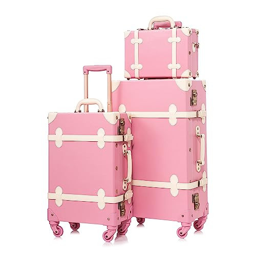 UNIWALKER Vintage Pink Suitcase Set, 3 Piece Retro Trunk Luggage with Spinner Wheels TSA Lock and Cosmetic Train Case for Women, 26"+20"+12" | Amazon (US)