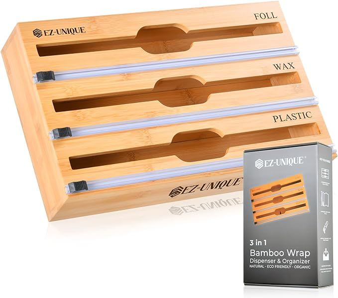 Bamboo 3 in 1 Wrap Organizer With Cutter For ALuminum Foil, Wax Paper And Cling Wrap. Plastic Wra... | Amazon (US)