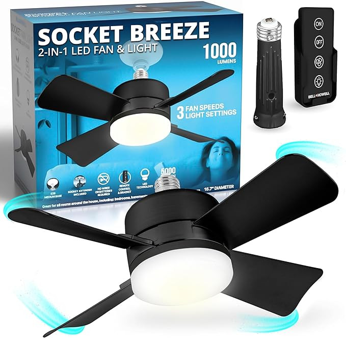 Bell+Howell Socket Breeze Socket Fan Light with Remote, Portable Small Ceiling Fans with Lights f... | Amazon (US)