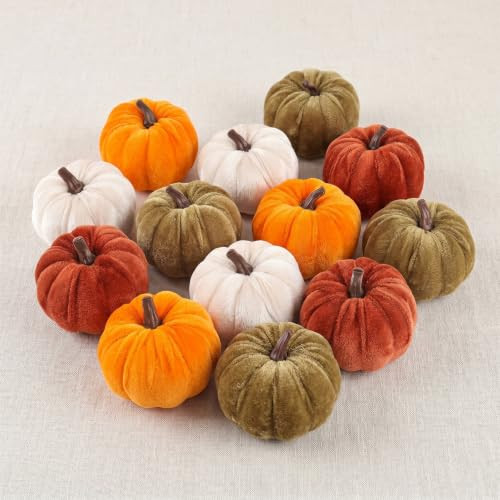 FJAKA 12 Pcs Velvet Pumpkin Mini Decor, Artificial Small Foam Pumpkins Fall Thanksgiving Home Table Indoor Decorations | Amazon (US)