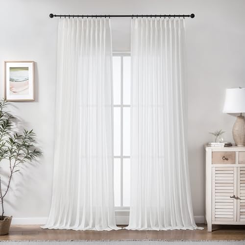 WEST LAKE White Pinch Pleated Sheer Curtains 102 Inches Long for Bedroom Living Room Patio,French Pleat Linen Textured Drapes with Backtabs Hooks for Track,Rustic Window Treatment,60"Wx102"L,2 Panels | Amazon (US)