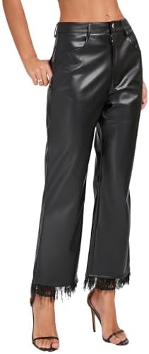 Women's Faux Leather Pants with Feather Hem Mid Rise Wide Legging Straight Pants with Pockets | Amazon (US)