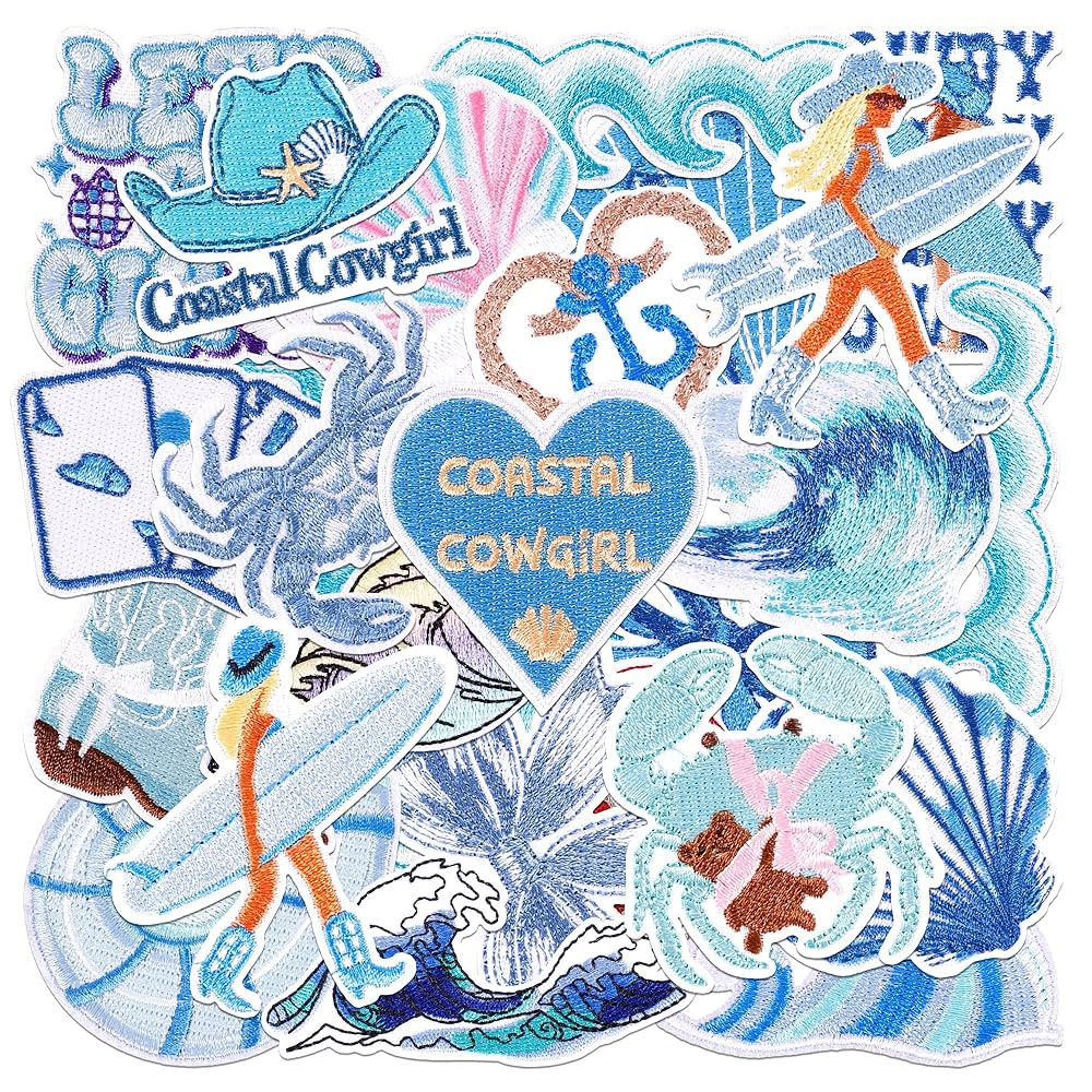 24Pcs Coastal Cowgirl Iron On Patches for Hats, Summer Ocean Embroidered Blue Patches for Girls, ... | Amazon (US)