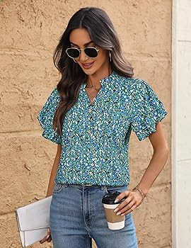 LOOKBOHO Womens Tops Dressy Casual Trendy Business Work Blouses Short Sleeve Ruffled V-Neck Tshir... | Amazon (US)