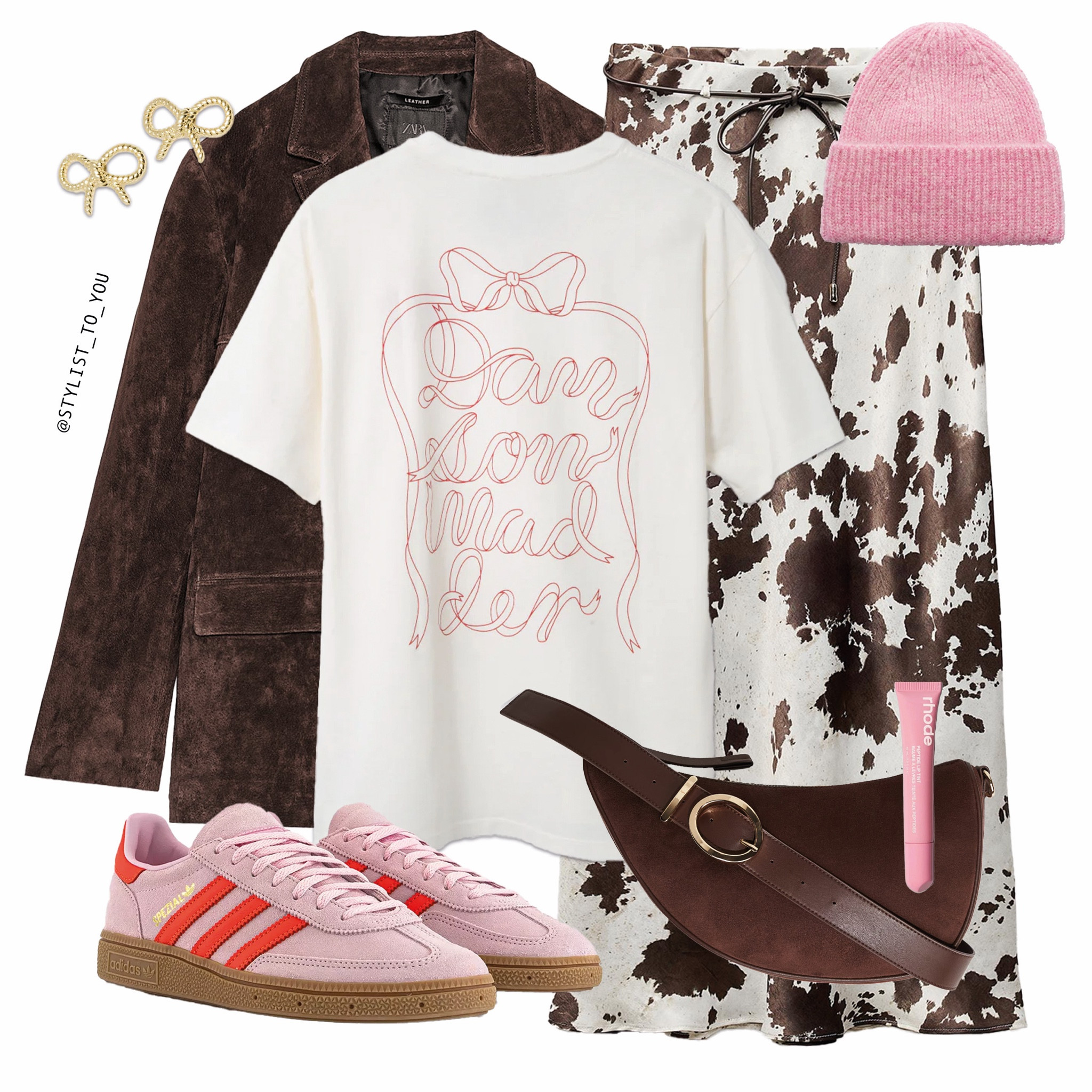 Pop of pink 🌸🎀

A bold and trendy Valentine’s Day outfit featuring a white graphic tee, brown suede blazer, and a cow-print maxi satin skirt. Styled with pink Adidas sneakers, a pink knit beanie, gold bow earrings, a brown suede crossbody bag, and Rhode pink lip balm. pink and brown outfit, Valentine’s Day fashion, cow print trend, cozy street style, vintage-inspired look, bold pink sneakers, winter chic, girly and edgy, aesthetic layering, soft grunge fashion

#LTKeurope #LTKuk #LTKshoes