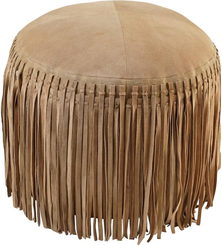 BLACK FOREST DECOR Cheyenne Fringed Leather Pouf - Khaki, Zipper Closure, 20" W x 20" D x 16" H | Amazon (US)