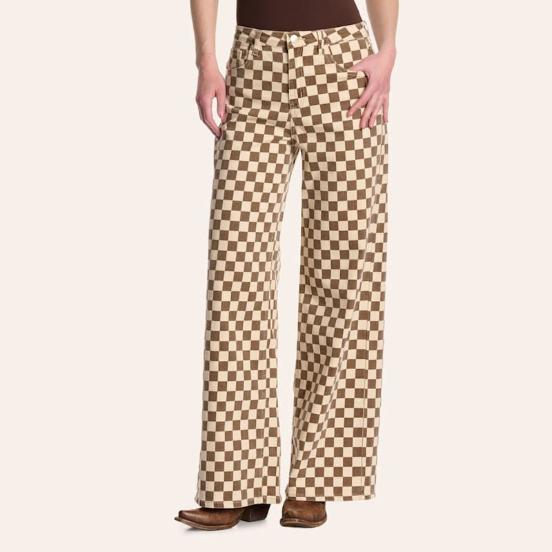 Merigold Kiss Women's Chocolate & Beige Checkerboard Print High Rise Wide Leg Jeans | Cavender's