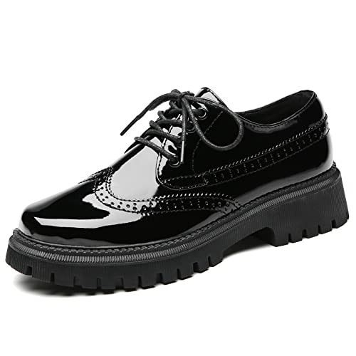 Oxford Shoes for Women Platform Lace-up Round Toe Patent Leather Shoes for Women's Classic Comfy Business Casual Outfits Slip on Work Office Dress Saddle Shoe for Ladies Girls Black US 8.5 | Amazon (US)
