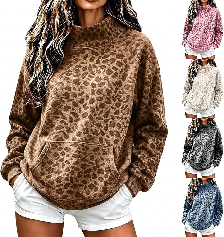 Mock Neck Sweatshirt Women Oversized Cozy Leopard Print Pullover | Amazon (US)