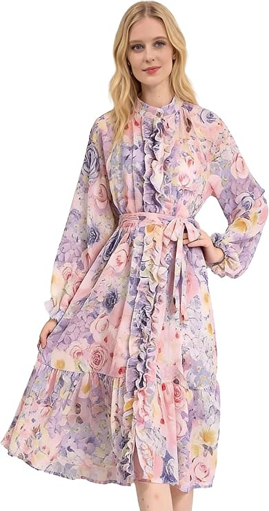 LAI MENG FIVE CATS Women's Floral Boho Summer Casual Puff Sleeve Button Loose Ruffle Midi Dress w... | Amazon (US)