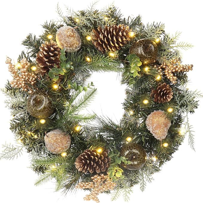Christmas Wreath 20" Christmas Front Door Wreath Ornament with LED Lights Pinecone Berries Artifi... | Amazon (US)
