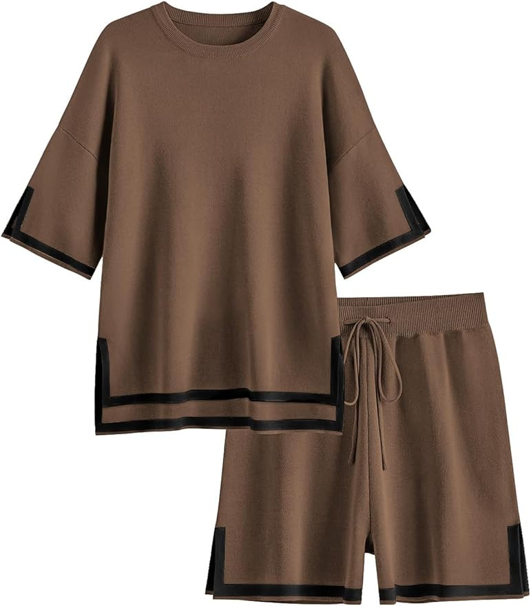 Ekouaer Womens Knit Pajamas Set 2 Piece Sweater Sets Short Sleeve Pullover Tops Loungewear | Amazon (US)