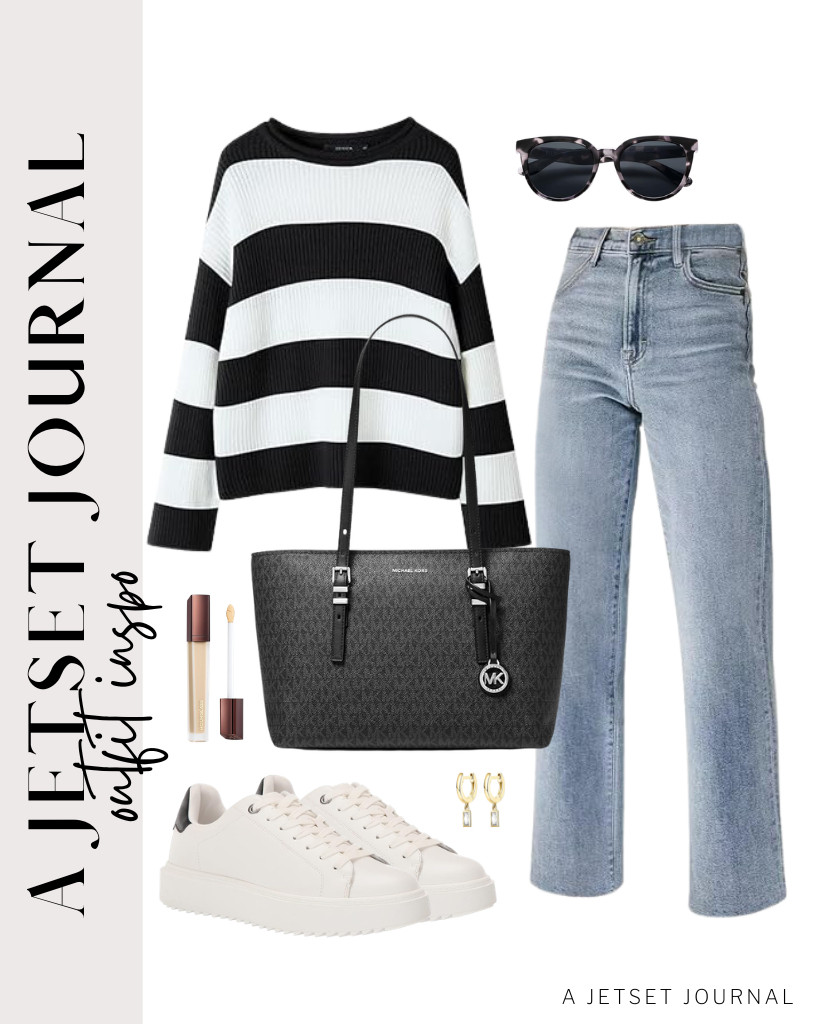 Our last outfit is a black striped oversized knitted sweater from ZESICA paired with KDF straight-leg jeans and Steve Madden Charlie sneakers. You can style it with a Michael Kors Quinn tote bag and accessorize with PAVOI earrings.

#LTKSeasonal #LTKSaleAlert #LTKTravel
 

 